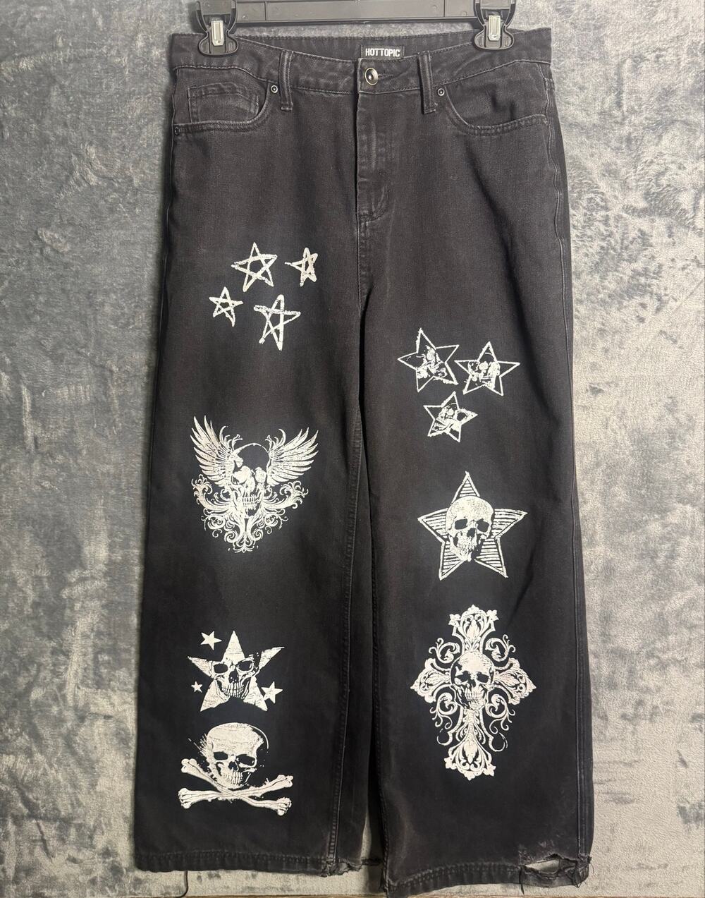 Hot Topic x Black Skull Icons Belted Wide Leg Jeans Sz 13 Grunge Goth Skater Y2K